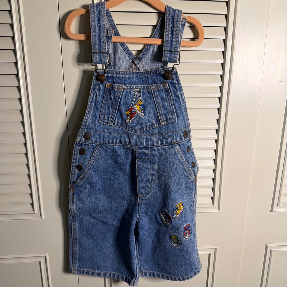 Vintage Jordache Denim Kids Embroidered Sneaker Converse Shortalls Blue Medium